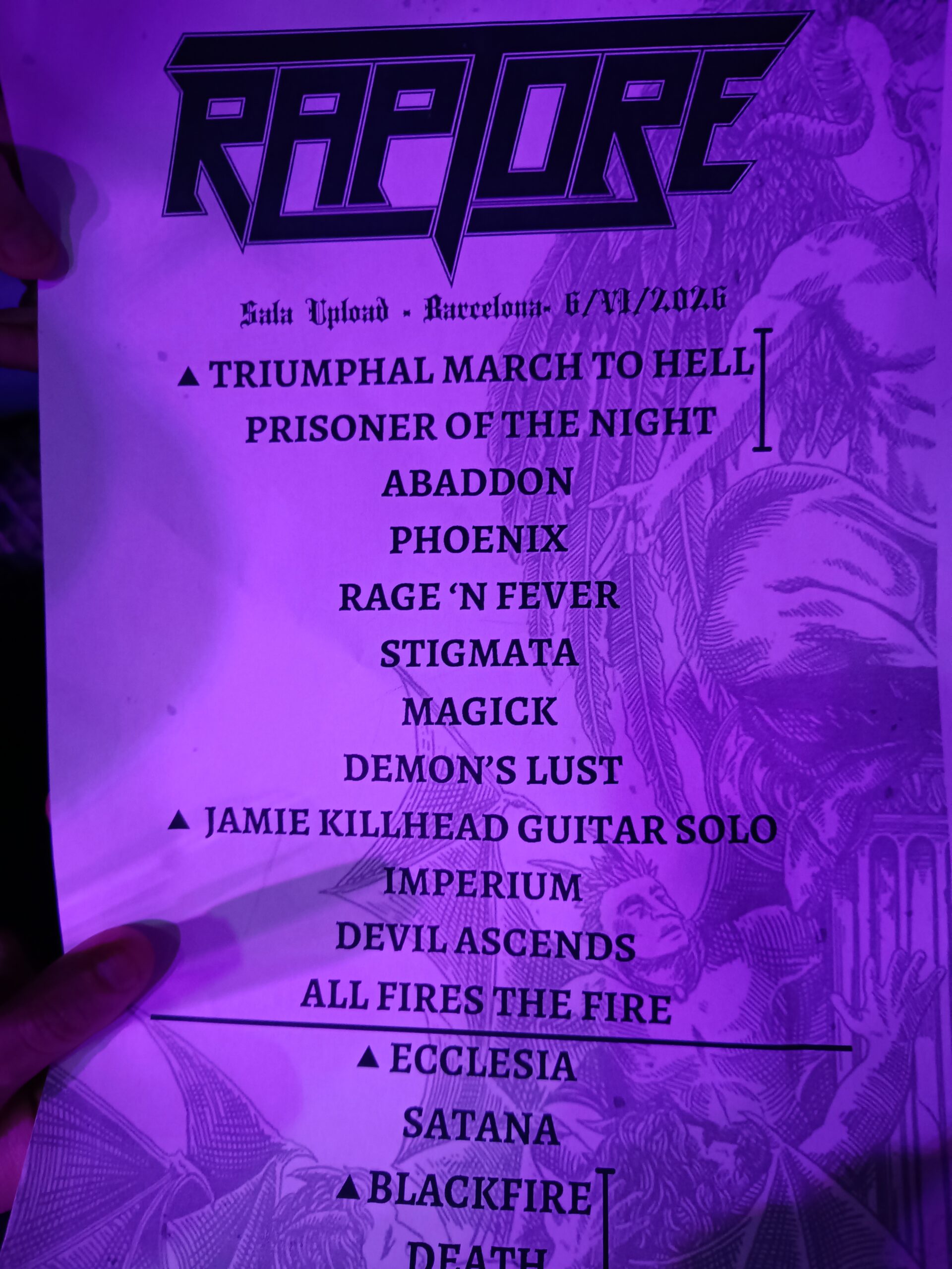 set list del concert de Raptore a la sala upload el dissabte 6 de juny de 2026